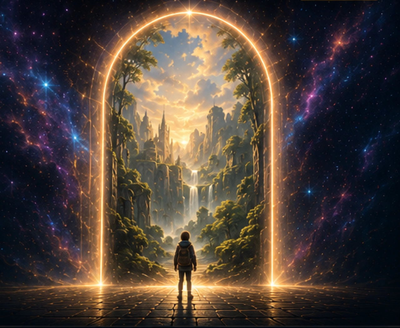 A young explorer facing a glowing Lumora portal